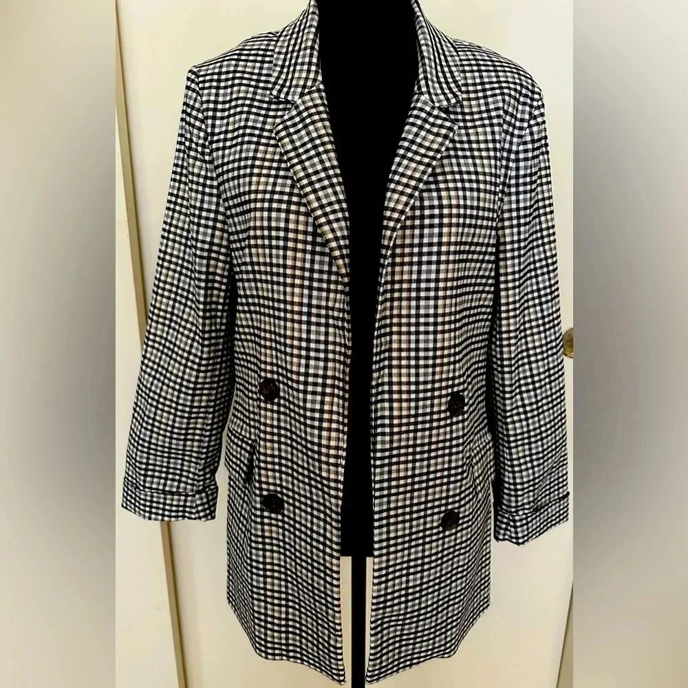 Love Tree Black/White/Blue/Yellow Check Double Breasted Blazer Look- Sz L - NWOT